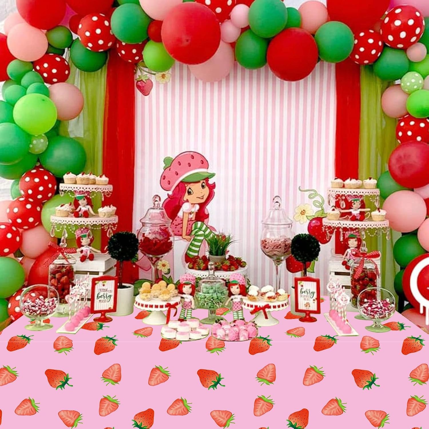 PHOGARY 2 PCS Strawberry Tablecloth for Strawberry Party Decorations, Disposable Plastic Rectangle Berry First Birthday Table Cloth for Kids Girls Berry Birthday Decorations Baby Shower 54"X108"