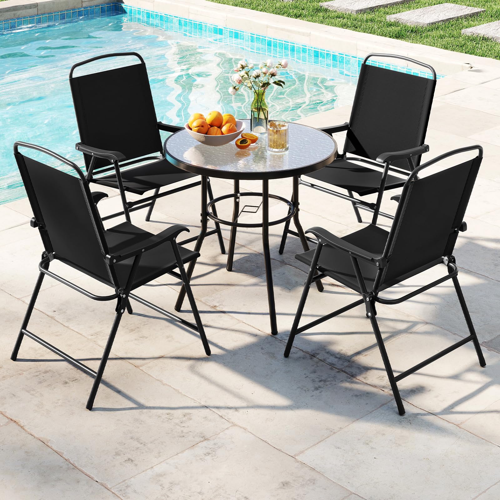 GOPLUS 6Pcs Salon de Jardin Exterieur 4 Personnes avec 4 Chaises Pliantes en Textilène, Table Basse en Verre Trempé et Parasol Jardin, pour Patio, Balcon et Terrasse (Table+Chaises+Parasol,Noir)