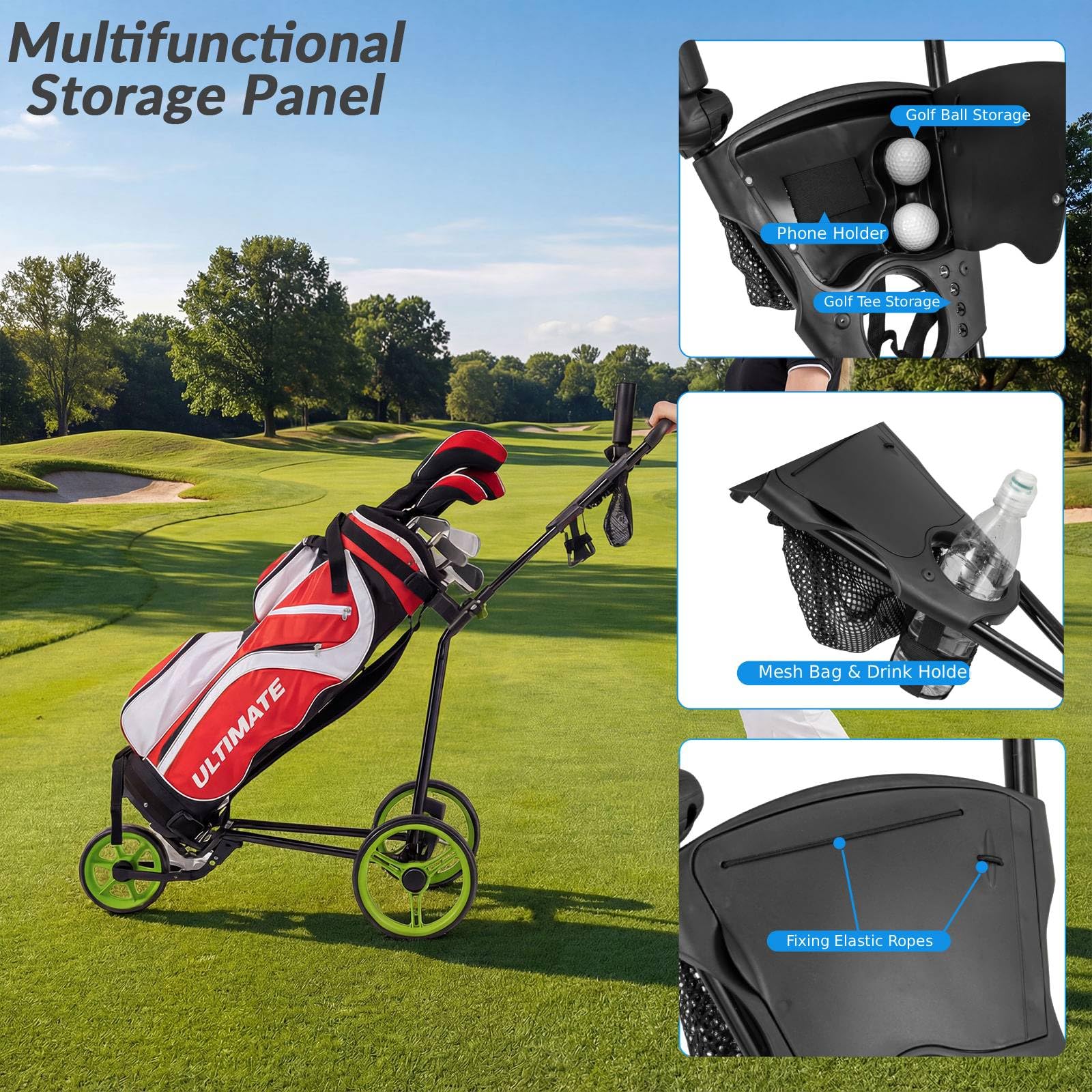 GYMAX Carrello da Golf, Pieghevole a 3 Ruote (Verde)
