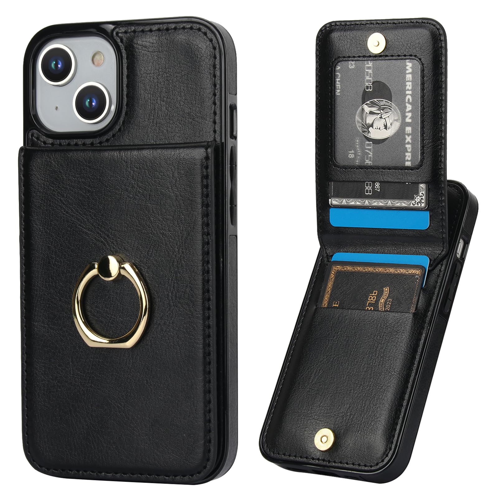 KIHUWEY for iPhone 13/14 Case Wallet with Credit Card Holder, 360° Rotation Ring PU Leather Magnetic Clasp Kickstand Heavy Duty Protective Cover for
