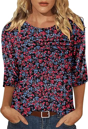 KISSMODA Women's Casual 3/4 Sleeve T-Shirts Round Neck Cute Tunic Tops Basic/Pleated Summer Tops Trendy Spring Blouses