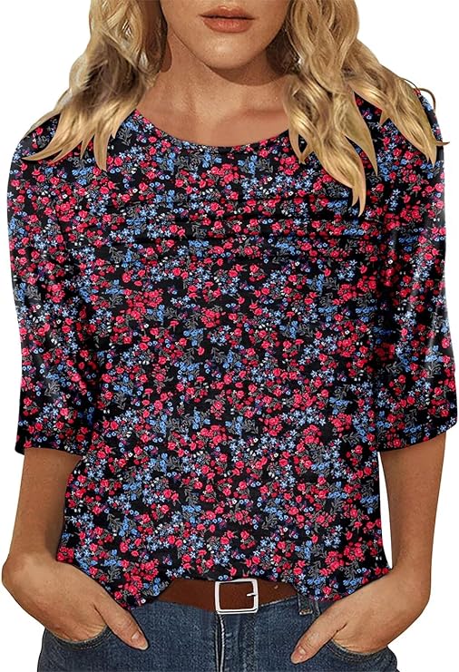 KISSMODA Women's Casual 3/4 Sleeve T-Shirts Round Neck Cute Tunic Tops Basic/Pleated Summer Tops Trendy Spring Blouses