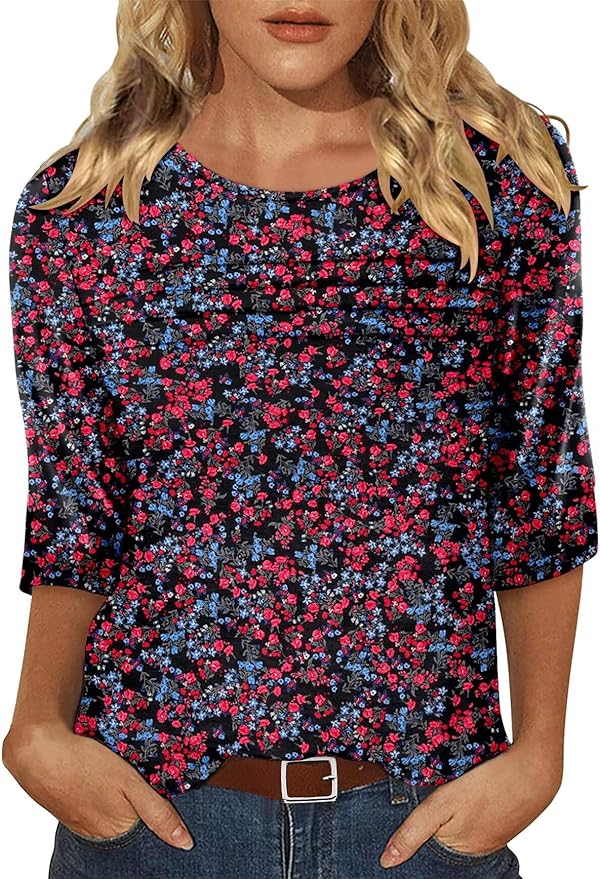 KISSMODA Women's Casual 3/4 Sleeve T-Shirts Round Neck Cute Tunic Tops Basic/Pleated Summer Tops Trendy Spring Blouses