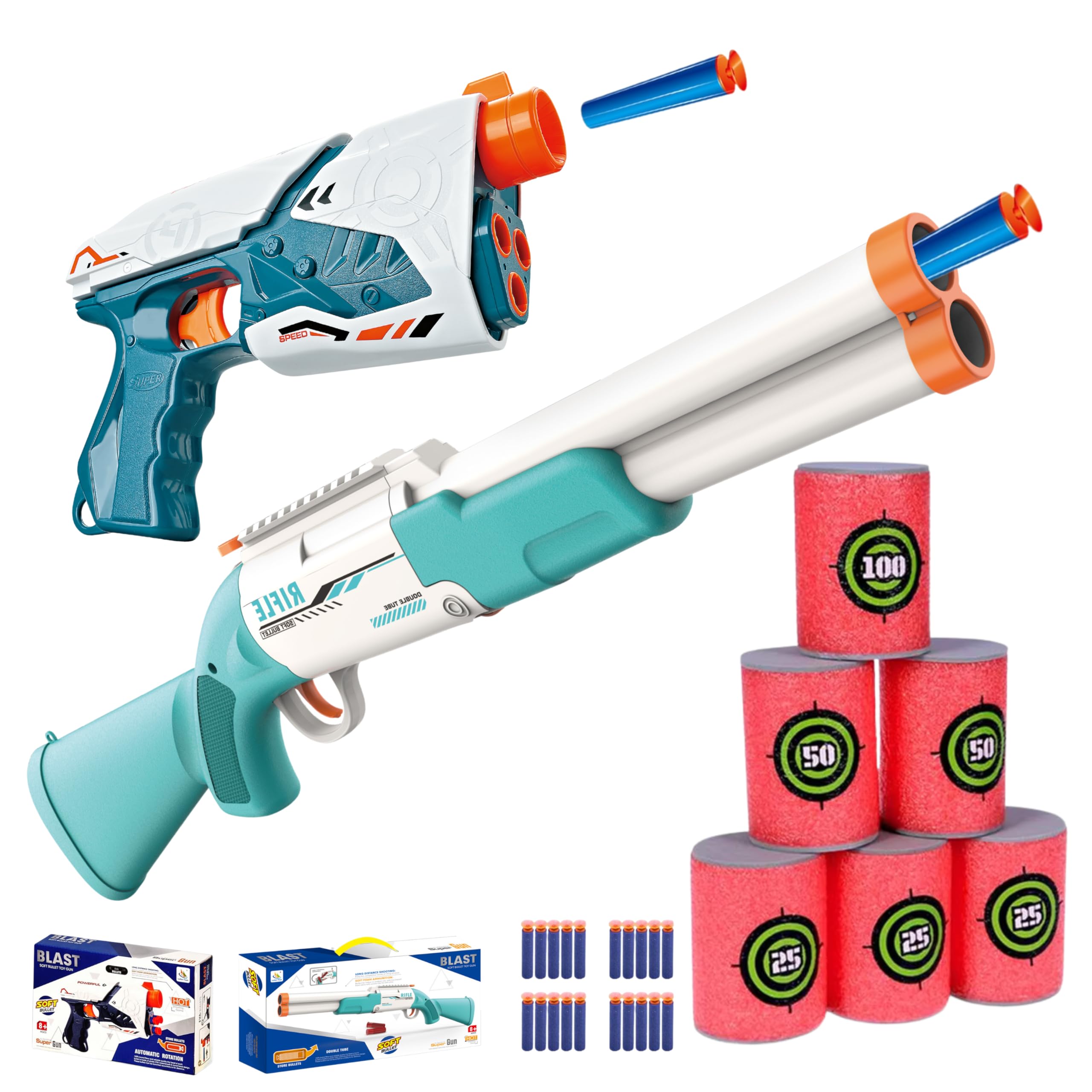 Pistola Juguete Niño & Escopeta de Juguete con Dardos Espuma – Set Blaster Manual con Diana Latas, Balas de Espuma, Recarga de Flechas, Juego Exterior Niño, Francotirador Sniper