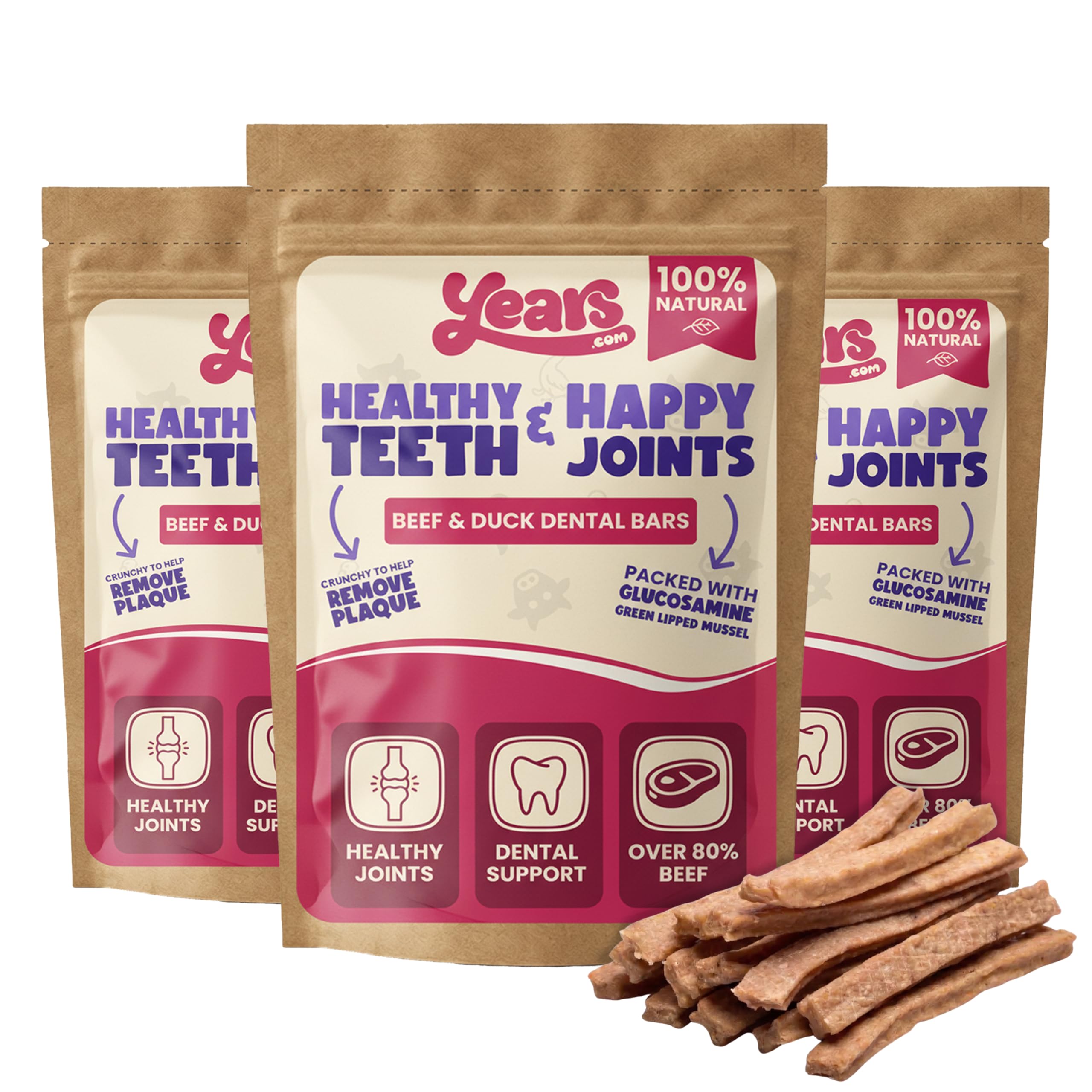 YEARS 2-in-1 Beef & Duck Natural Dog Dental Chews for Joints | 3 x 120g | Glucosamine Joint Support Organic Dog Treat