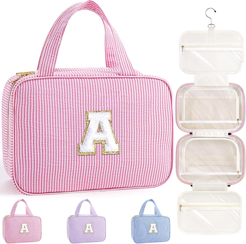 TOPEAST Travel Hanging Toiletry Bag & Makeup Bag for Women Girls Kids Gifts | Girls Kids Travel Organizer, Personalized Initial Toiletry Pouch Shower Bag, Birthday Gifts for Women Teen Girls, Pink A