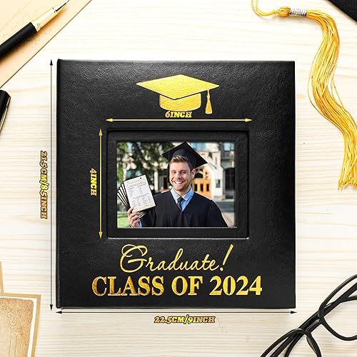 Miniatura 2 de ReliThick Álbum de fotos de graduación de clase 2024 con capacidad para 200 piezas de fotos de 4 x 6 pulgadas, álbum de cuero de graduación 2024 con