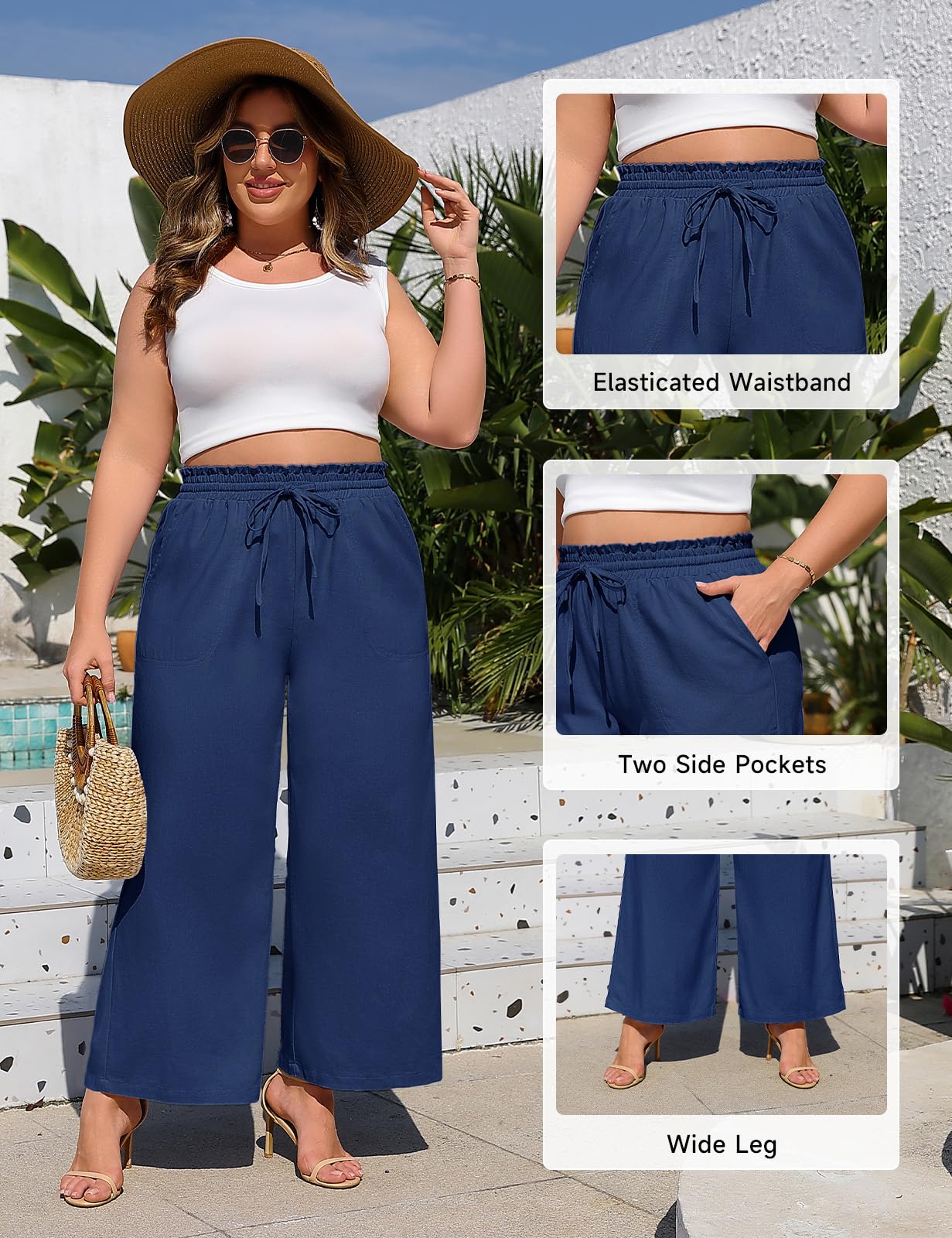 Pantaloni Lino Donna Estivi Pantaloni Larghi Taglie Forti Leggeri Elastico Vita Alta con Coulisse Eleganti Casual da Spiaggia Comodi Pantaloni Tinta Unita con Tasche XL-4XL