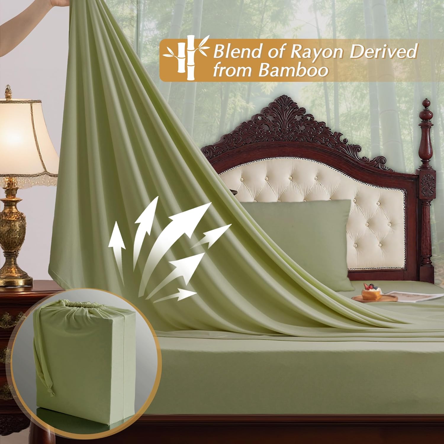 N&Y HOME StretchSnug King Sheets Set - Blend of Rayon Derived from Bamboo, Stretchy Sheets Deep Pocket No Slip Stay on Bed, Firm & Tight with Corner Straps, 4 Piece Sets, Sage Green, King