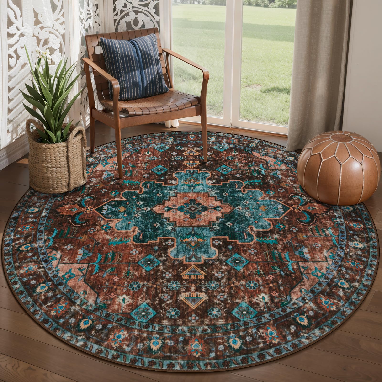 Ciicool Boho 5x5ft Round Area Rug Washable Bedroom Rug Non-Slip Oriental Entryway Throw Rug Low-Pile Indoor Carpet for Dining Room(Brick Red/Dull Teal
