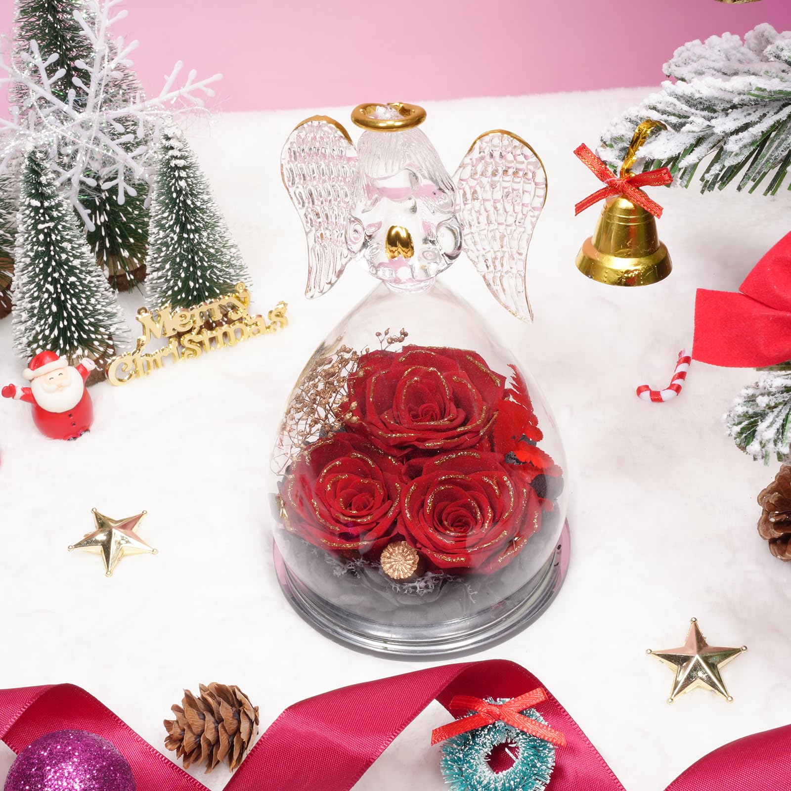 Sunia Cadeau Saint Valentin Femme, Rose Eternelle Cadeau Maman, 3 Fleur Eternelle avec Ange Figurine, Cadeau Anniversaire Femme, Cadeau Maman/Mamie, Ange Gardien Vraie Rose, Cadeau Fete des Grand Mere