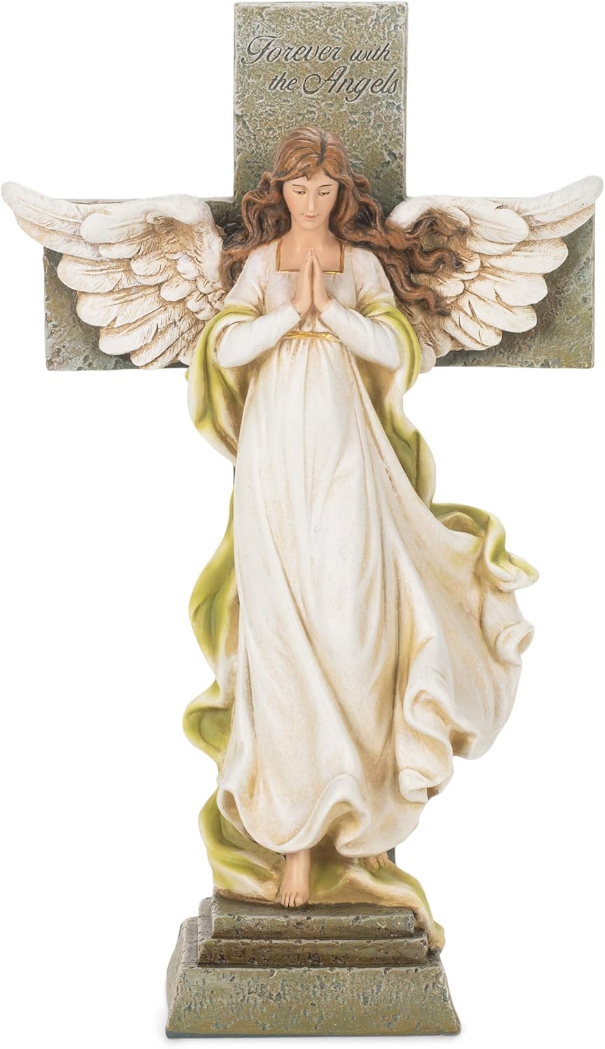 Joseph's Studio by Roman Inc., MEMORIAL ANGEL WITH CROSS, Garden Collection, Religious Statue, Holy Family, Memorial, Angel, Patron Saint, Garden Décor (3x7x12)