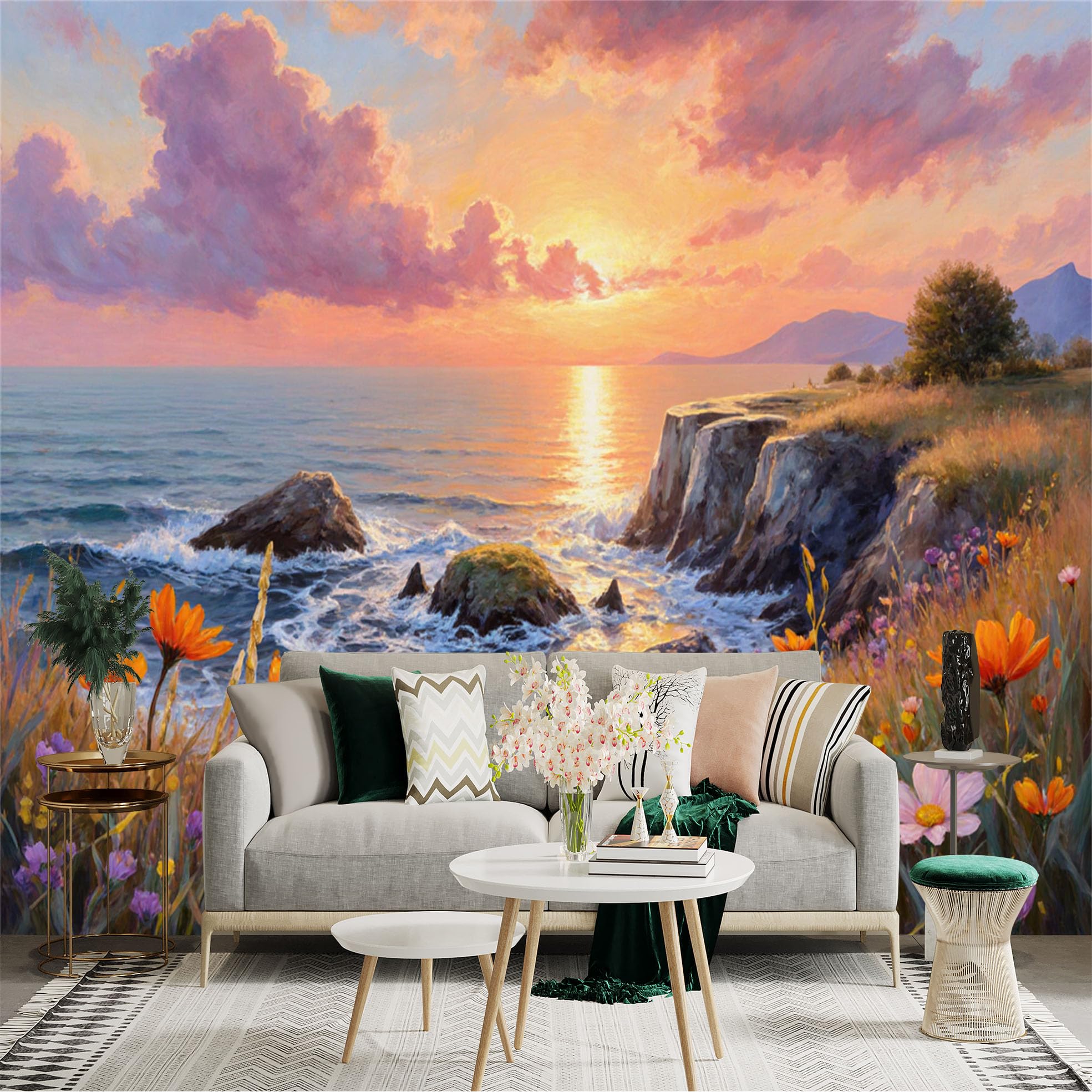 Lnzczhyre Xc260505306 Custom Size Wall Sticker Mural， Golden Sunset Over Ocean， Coastal Cliffs And Wildflowers， Scenic Seascape View， For Wall Decoration， Peelandstick Wall Decals.