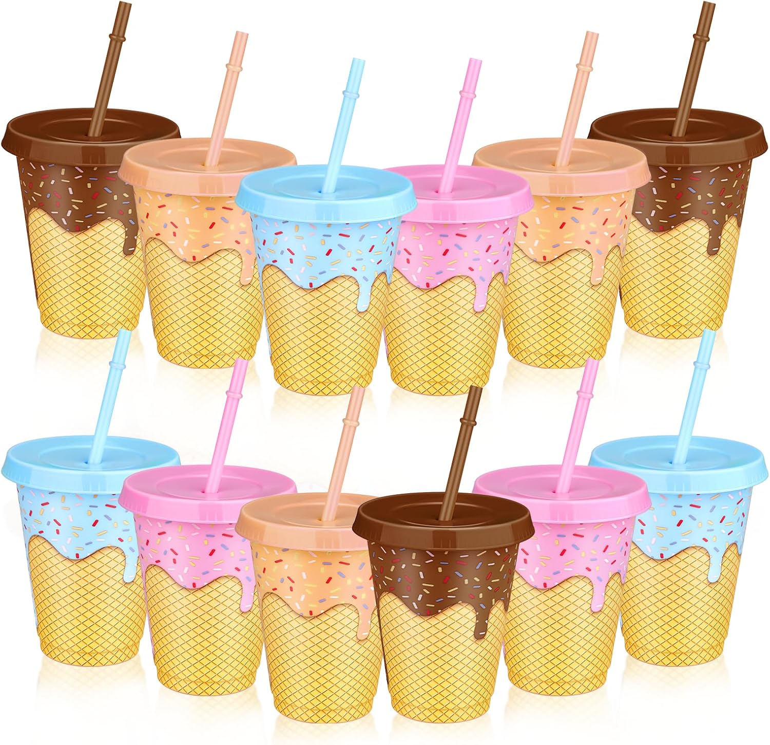 24 Pcs Ice Cream Plastic Tumbler with Lids and Straws 16 oz Reusable Summer Drink Cups Summer Party Favor Cute Dessert Theme Cups for Party Favors End of Year Gifts Graduation Pool Party Supplies