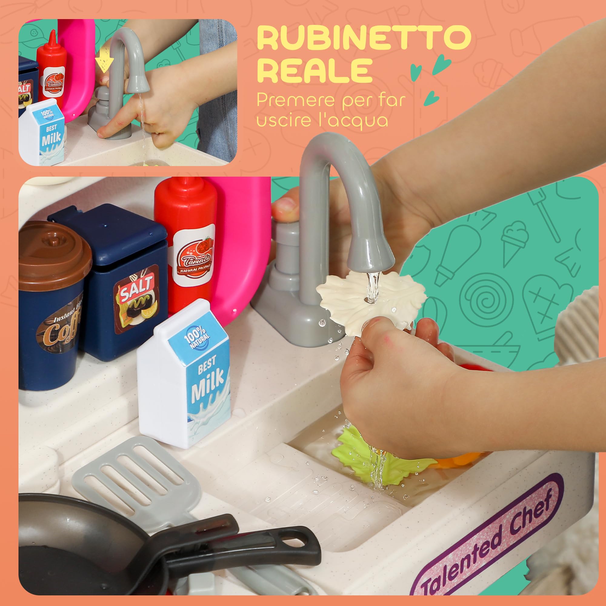 AIYAPLAY Cucina Giocattolo con 104 Accessori 3-6 Anni 52.5x22x100 cm Rosa | Suoni Realistici, Gioco per Bambini, in PP, PE e ABS