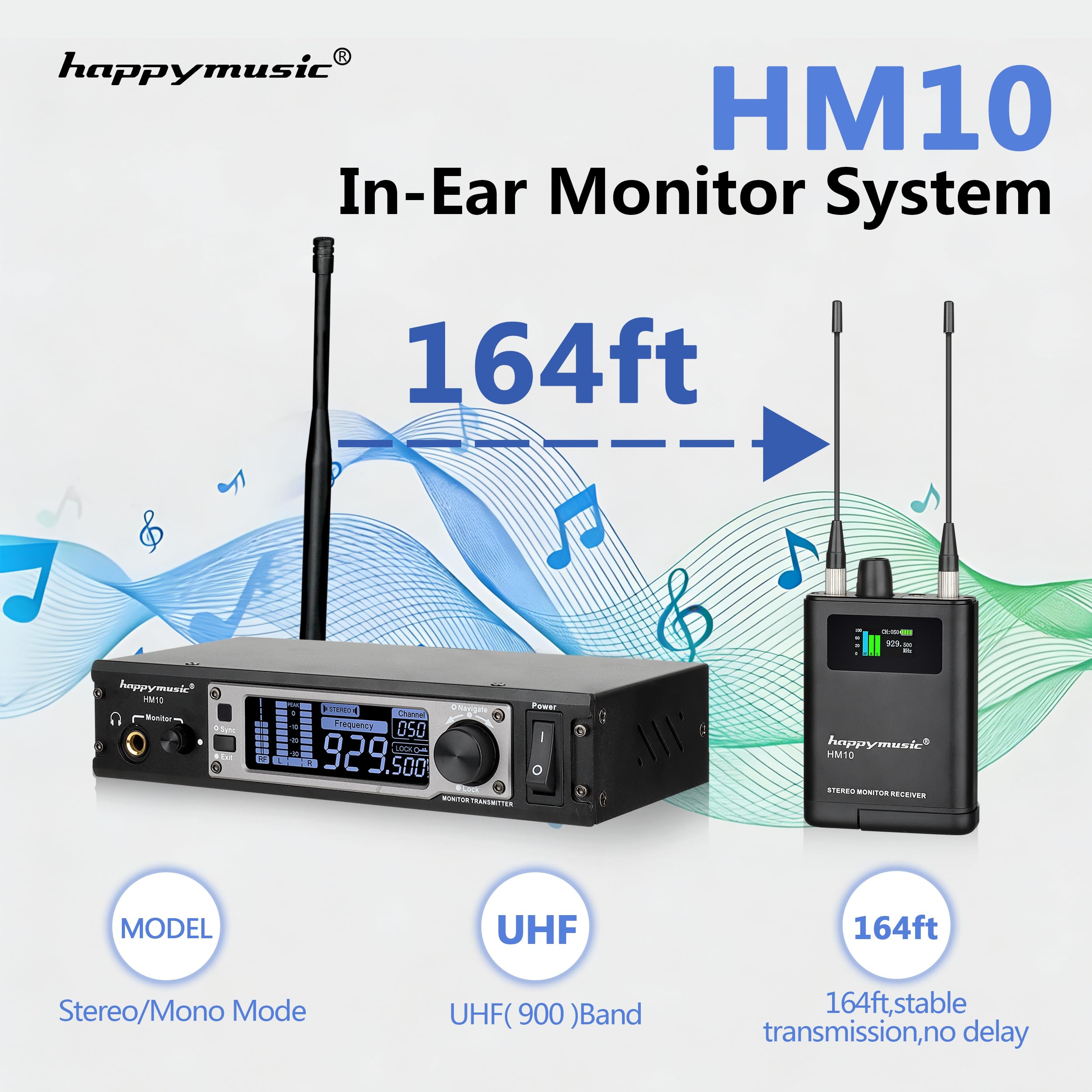 happymusic HM-10 - Monitor intraural estéreo inalámbrico profesional inalámbrico para actuaciones en escenario privado