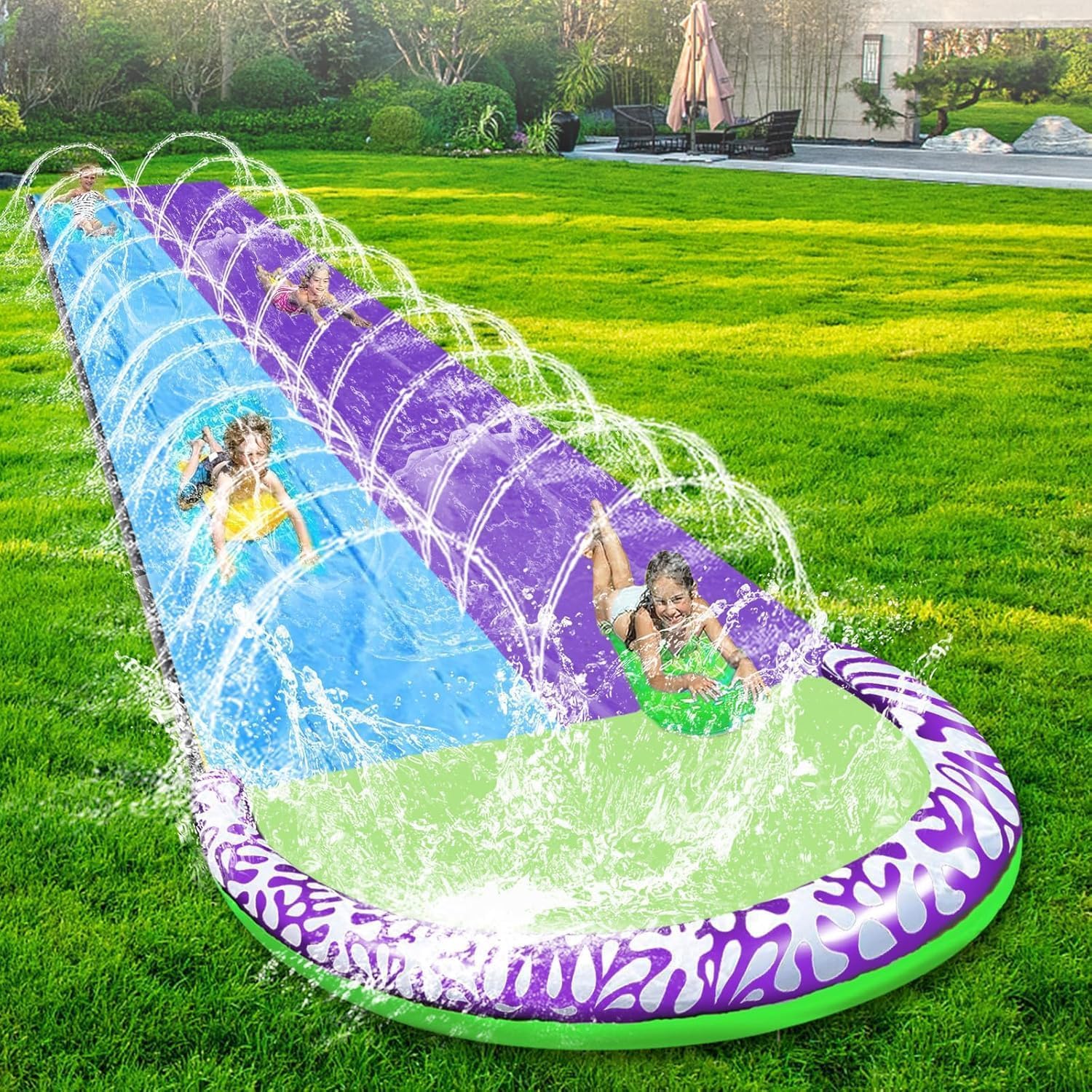 Wasserrutsche Garten 15.8ft/480cm Doppelrutsche mit Eingebautem Sprinkler Aufblasbare Wasserrutsche mit 2 Aufblasbaren Boards