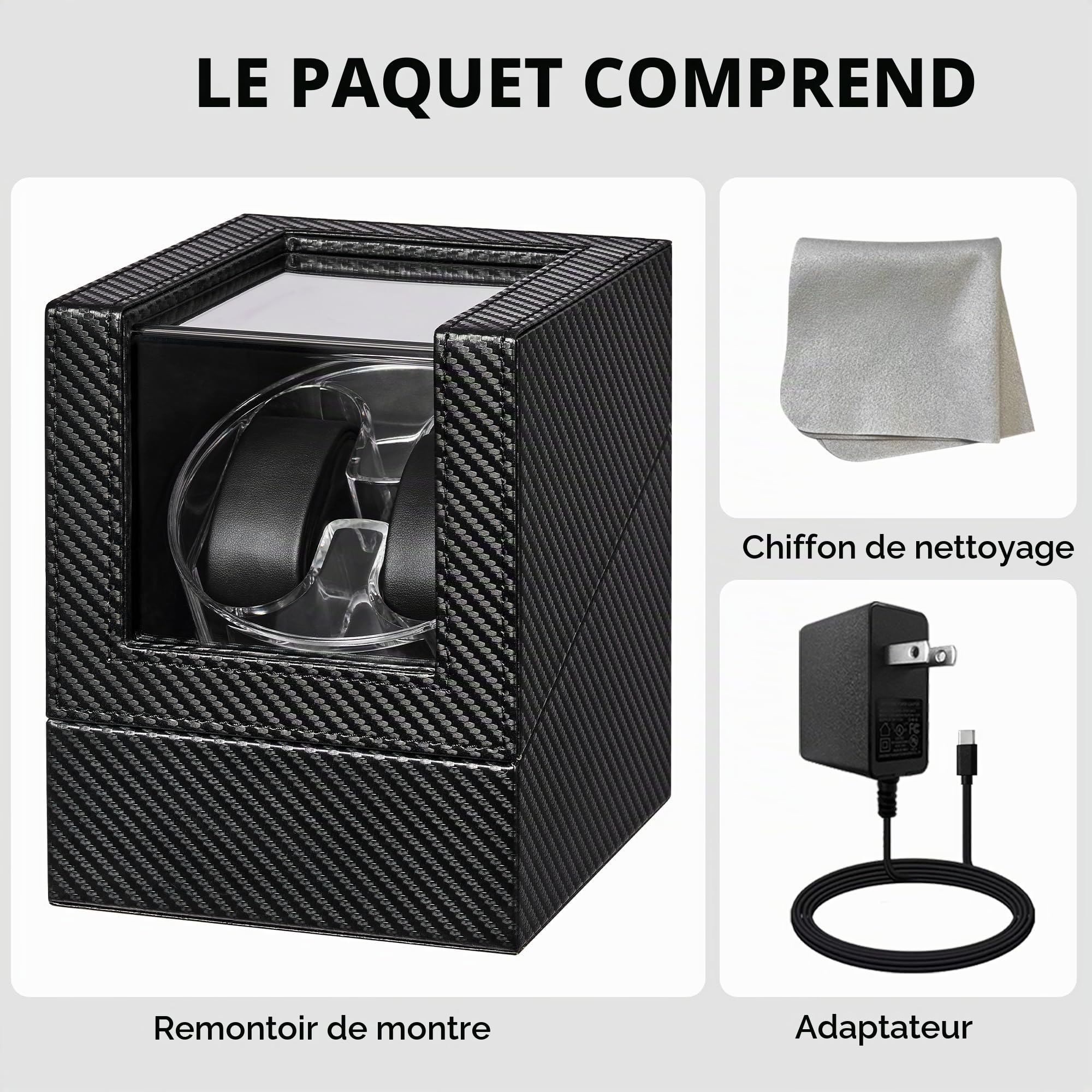 ANWBROAD Remontoir Pour Montres Automatiques, 4 Modes Boîte Double Remontoir Automatique Avec Design en Cristal LED, Boîtier Rotatif Avec Moteur Ultra Silencieux et Adaptateur Type-C JWW007C