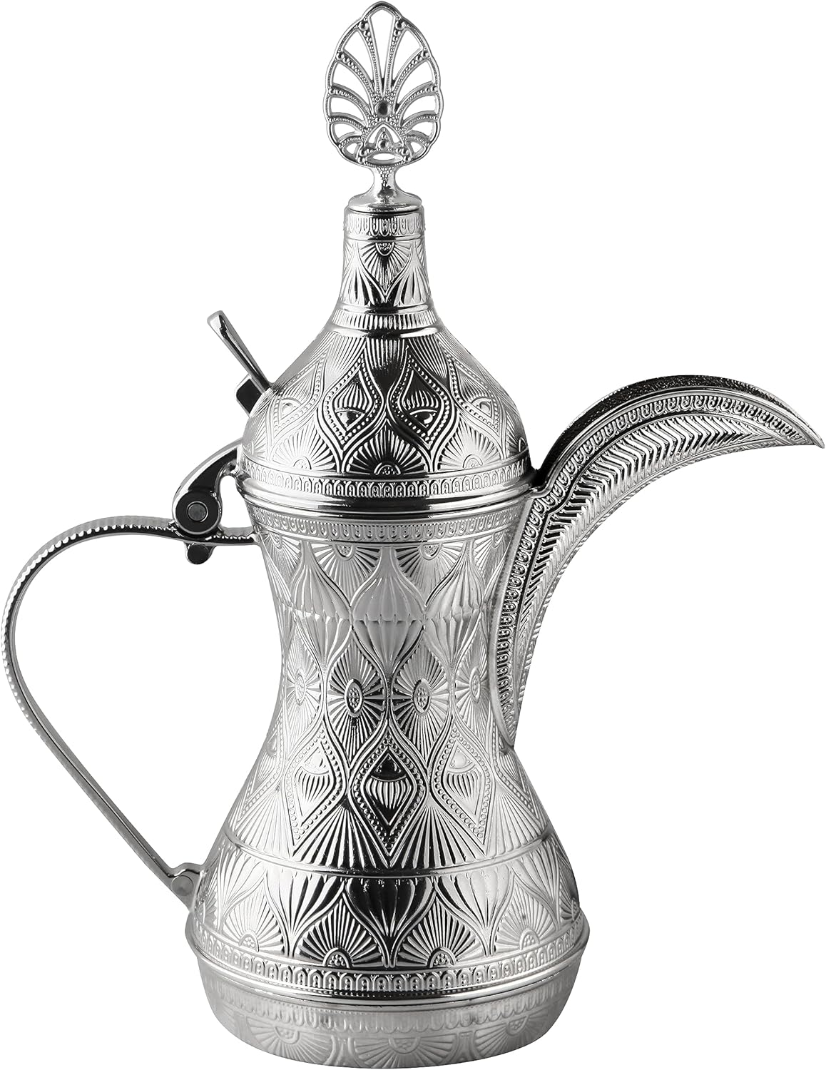 Alisveristime Decorative Zamac Dallah Pitcher – Elegant Ottoman & Middle Eastern-Inspired Metal Coffee Pot for Home Décor (9.84” x 7.87” x 3.94”) (Silver)