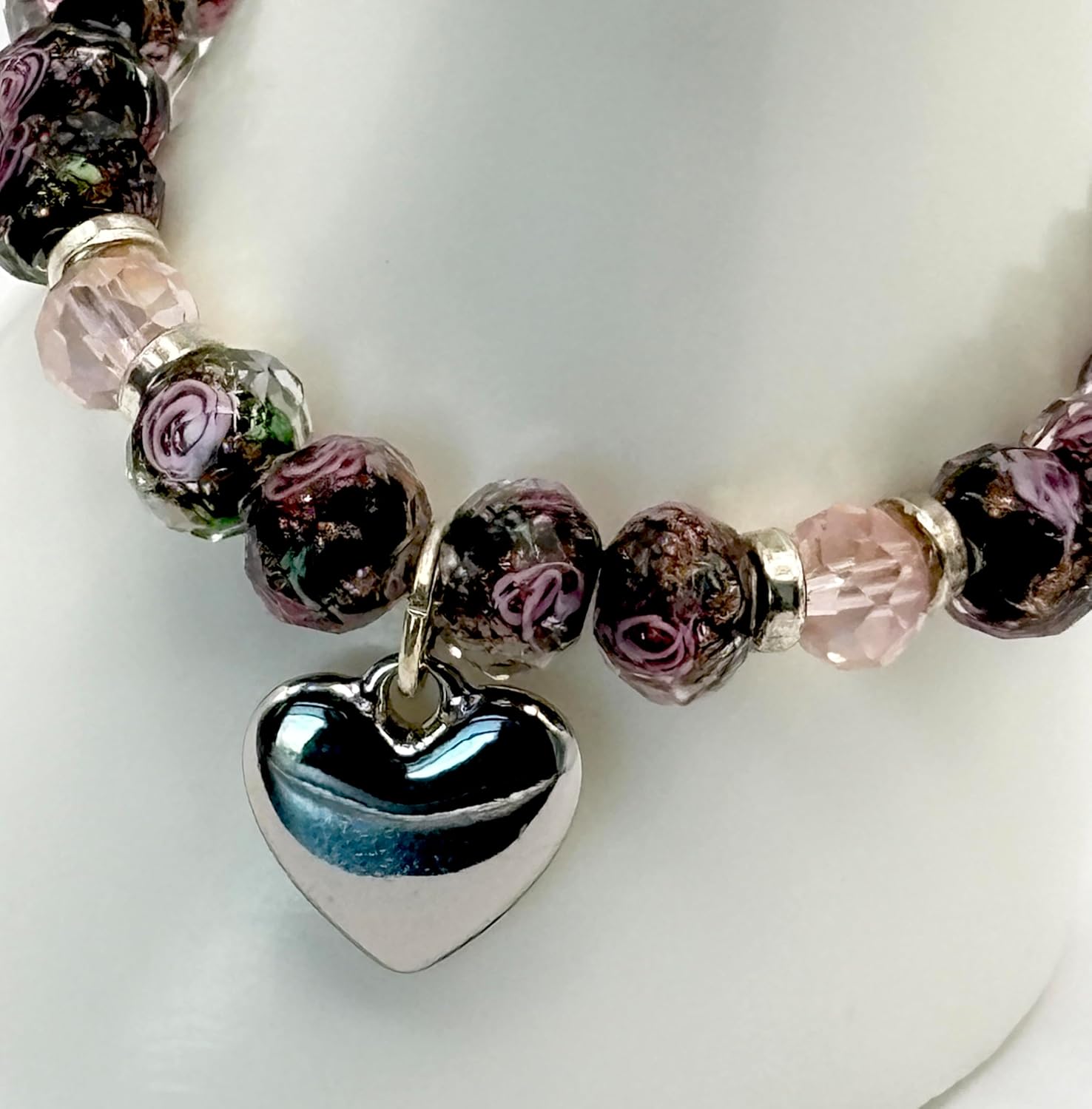 Handcrafted Black Floral Glass Lampwork Beaded Stretch Bracelet with Pink Rose Pattern, Silver Heart Charm For Women - Image 2