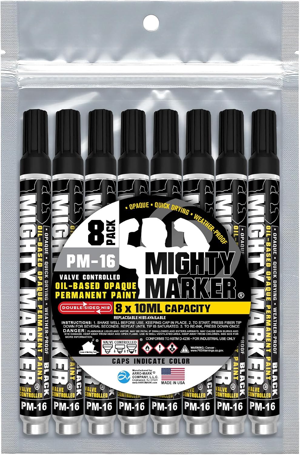 PM-16 Paint Markers, Quick-Drying Paint Pens for Metal, Industrial Use, Permanent Marks, High-Opacity, Weather-Resistant, 2.3mm Bullet Tip, 8 Bonus Tips, Made in USA- Black 8 Pack