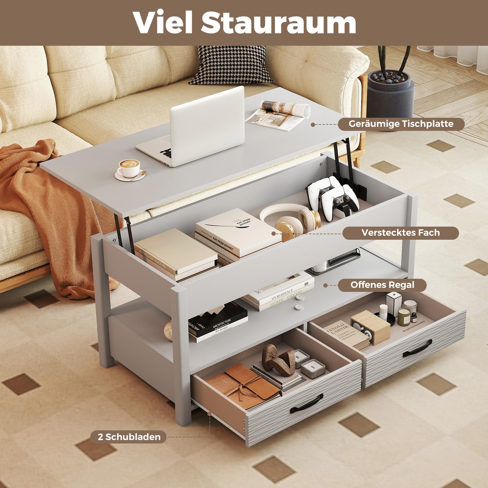 COSTWAY Couchtisch Höhenverstellbar, Sofatisch mit offene Ablage & 2 Schubladen, Wohnzimmertisch mit anhebbarer Tischplatte 50-63,5cm, Kafeetisch Holz für Wohnzimmer, Büro, Grau