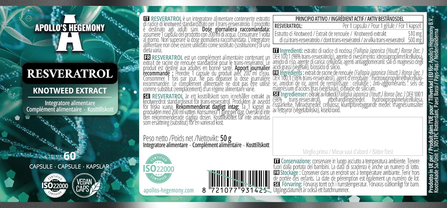 APOLLO'S HEGEMONY Resveratrol High Dose 400 mg - 60 Vegan Capsules - 2 Months Supply - 98% Trans-Resveratrol from Japanese Knotweed Extract - Natural Antioxidant