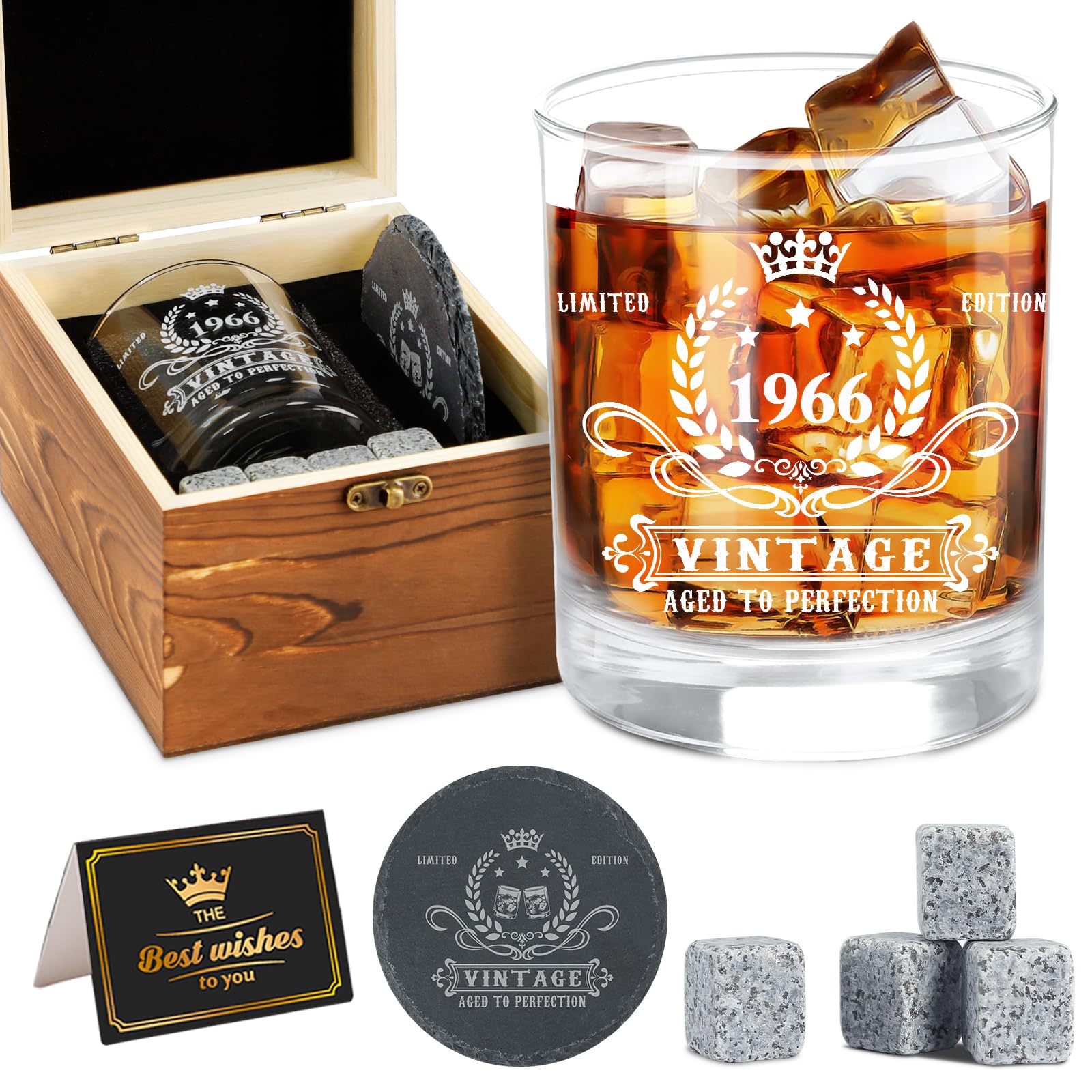 Amosking Geburtstag Geschenke für Männer, Vintage Whiskey Glas Set, Holz Box, Whiskey Steine, Poster Jubiläum Karte für Untersetzer, Geburtstagsgeschenke Ideen für ihn, Mann, Papa
