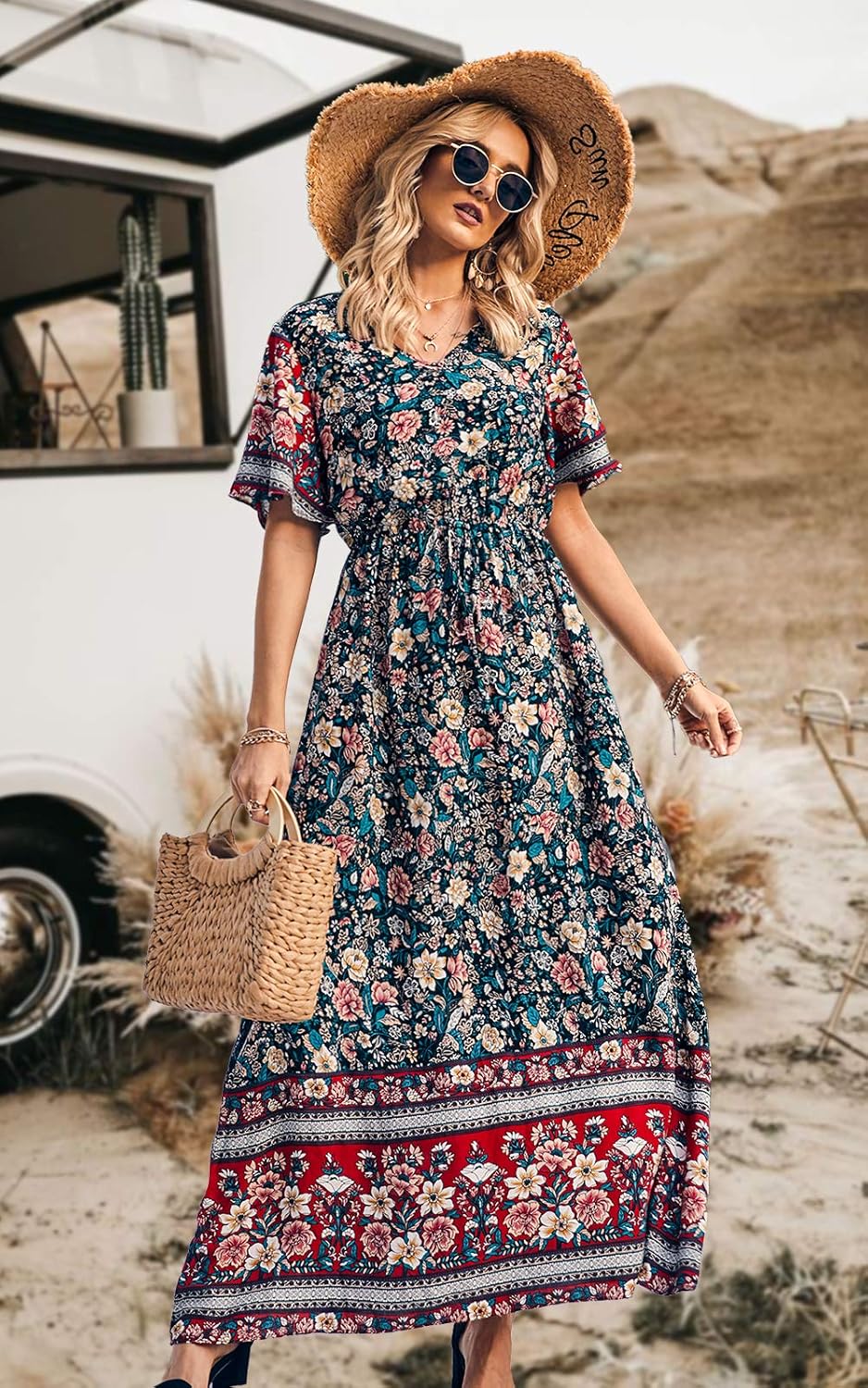 PRETTYGARDEN Women's Casual Summer Boho Floral Print Dress V Neck Short Sleeve High Waist Long Maxi Beach Dresses - Image 2