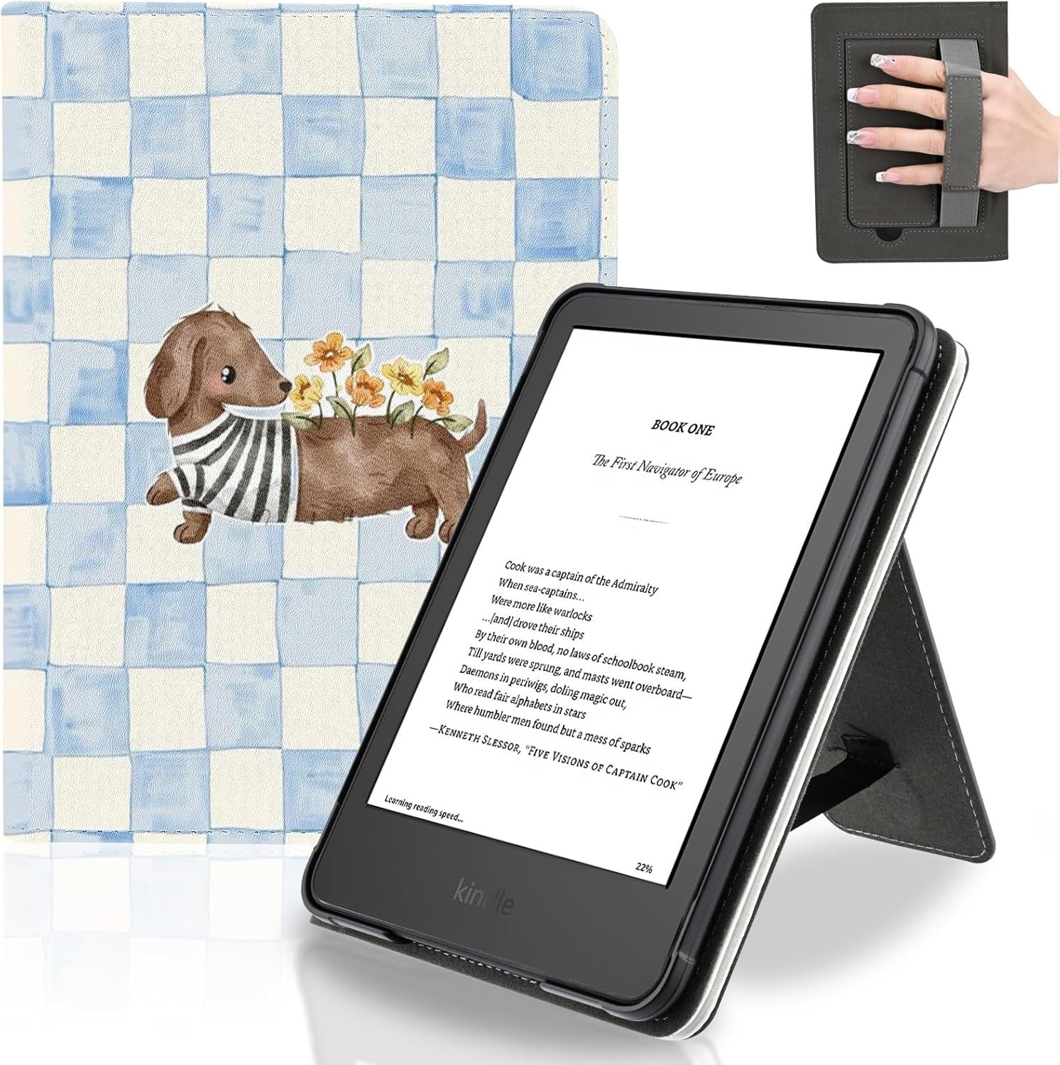 Idocolors Kawaii Dachshund Case for 7" Kindle Paperwhite (12th Gen-2024), Slim Foldable Stand Pu Leather Case with Hand Strap for Kindle Paperwhite 2024
