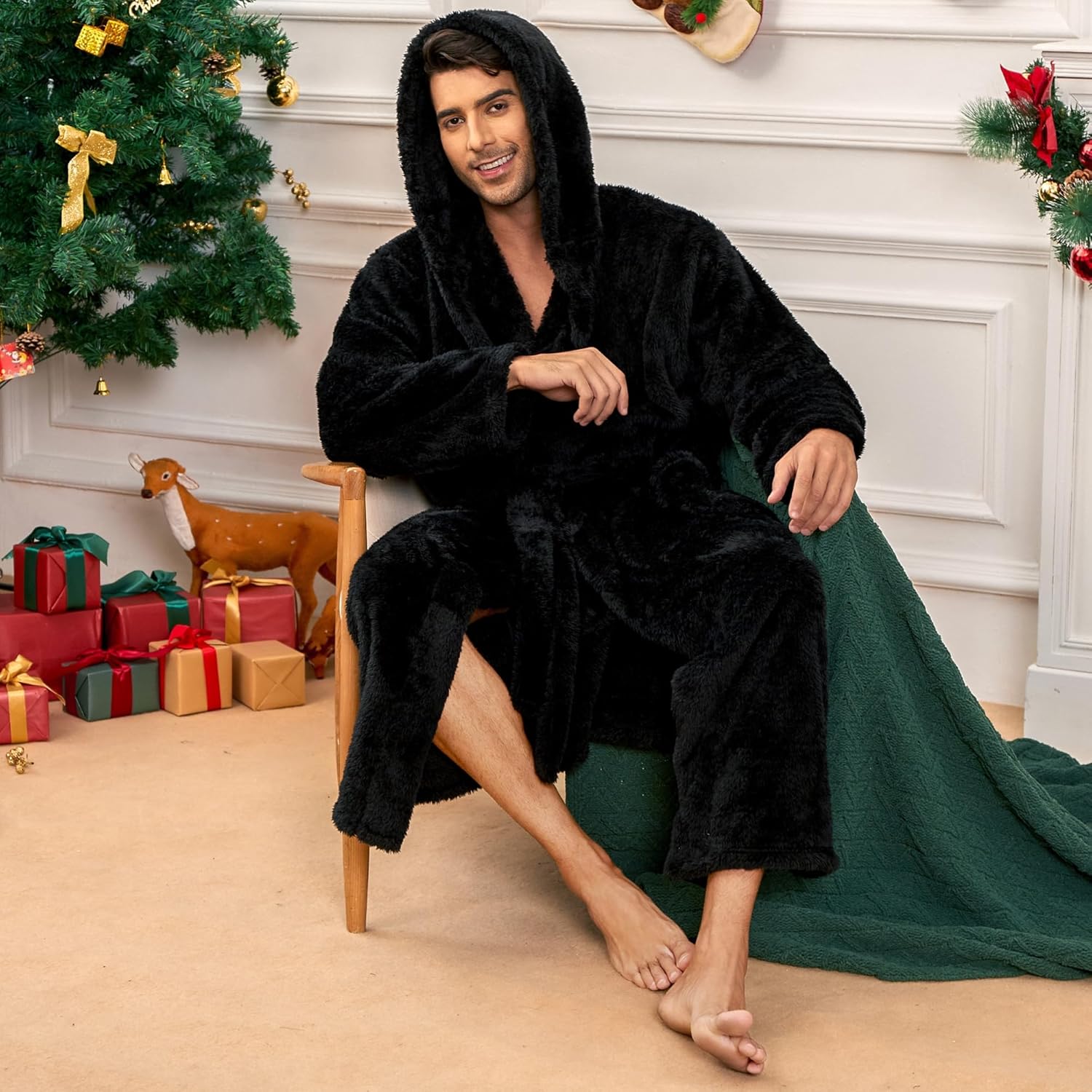 Vulcanodon Mens Robe Big and Tall with Hood, Full Length Plush Robe for Men Long Fleece Bathrobe - Image 6