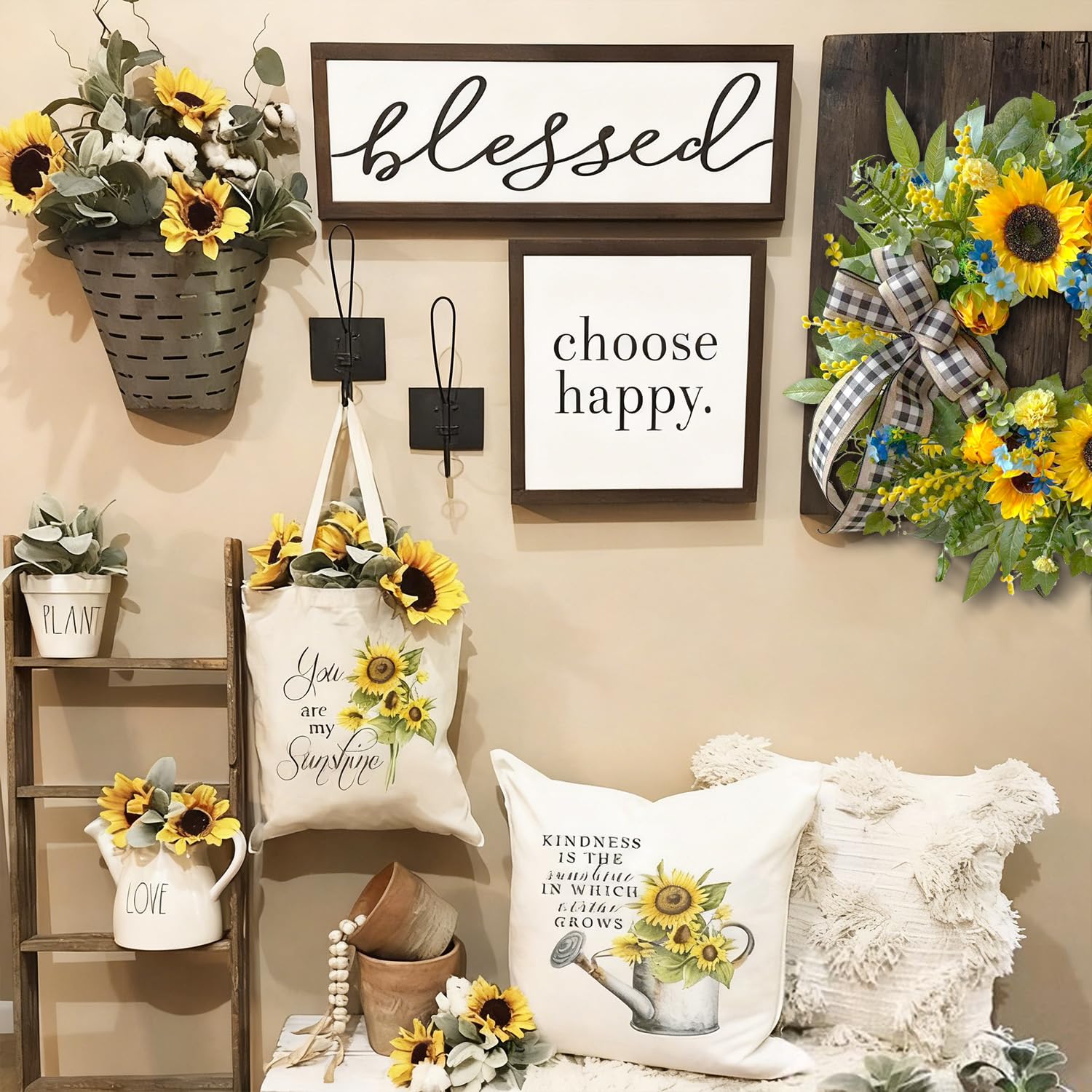 WANNA-CUL Couronne de tournesol artificiel de 45,7 cm pour porte d'entrée, décoration florale jaune avec marguerite, feuilles vertes et ruban en lin pour mur ou décoration de la maison