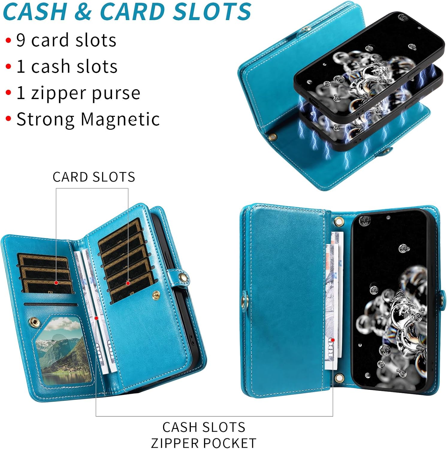 Asuwish Phone Case for Samsung Galaxy S20 Ultra 5G Zipper Wallet Detachable Cell Cover with Tempered Glass Screen Protector Strap Flower Card Holder S20ultra 20S S 20 A20 S2O 20ultra G5 Women Men Blue