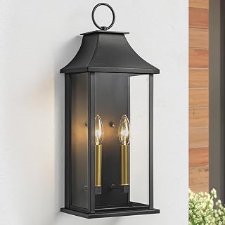 Lawyettle Dusk to Dawn 2-Light Outdoor Wall Lantern, 20.6" Black Waterproof Sconce, Modern Exterior Light for Porch Garage House