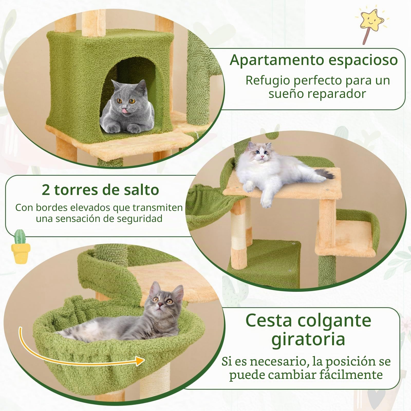 COSTWAY Rascador de Cactus, 160 cm, árbol para Gatos con Cueva para Gatos, Plataformas, Poste de sisal, Cesta, Tabla para rascar y Juguetes, Muebles para Gatos, Muebles para Gatos, árbol de Madera