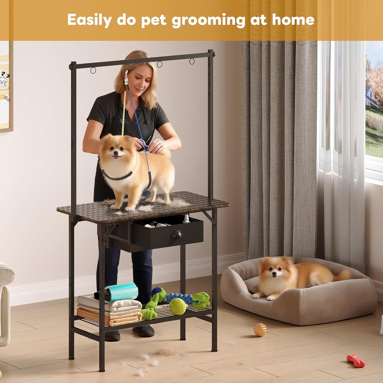 引き出しとメッシュトレイ付き犬用グルーミングテーブル、32インチ調節可能なペットグルーミングテーブル、ノンスリップ取り外し可能洗える