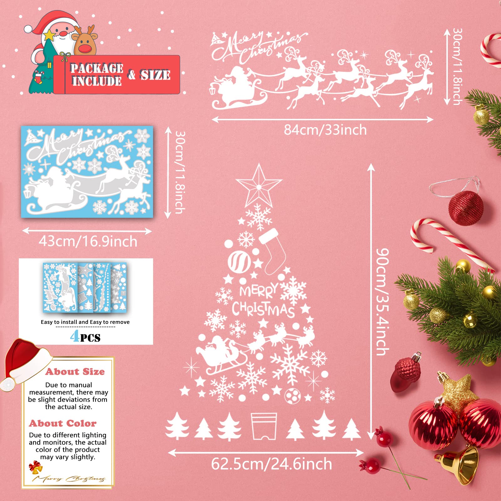 Vetrofanie Natalizie Fai Da Te – 4 Fogli Con Babbo Natale, Renna, Albero E Fiocchi Di Neve, Rimovibili