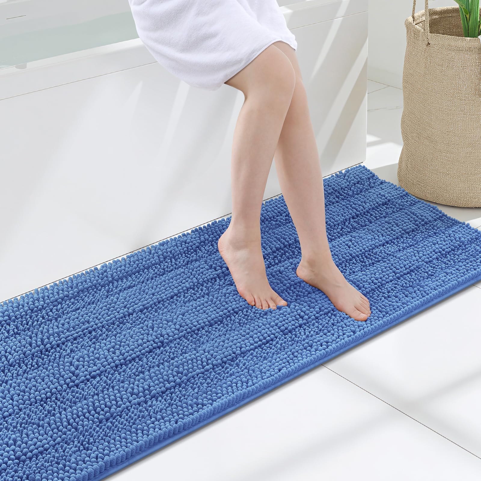 Grandaily Chenille Bathroom Rugs 47x17, Soft Bath Mats, Cornflower Blue
