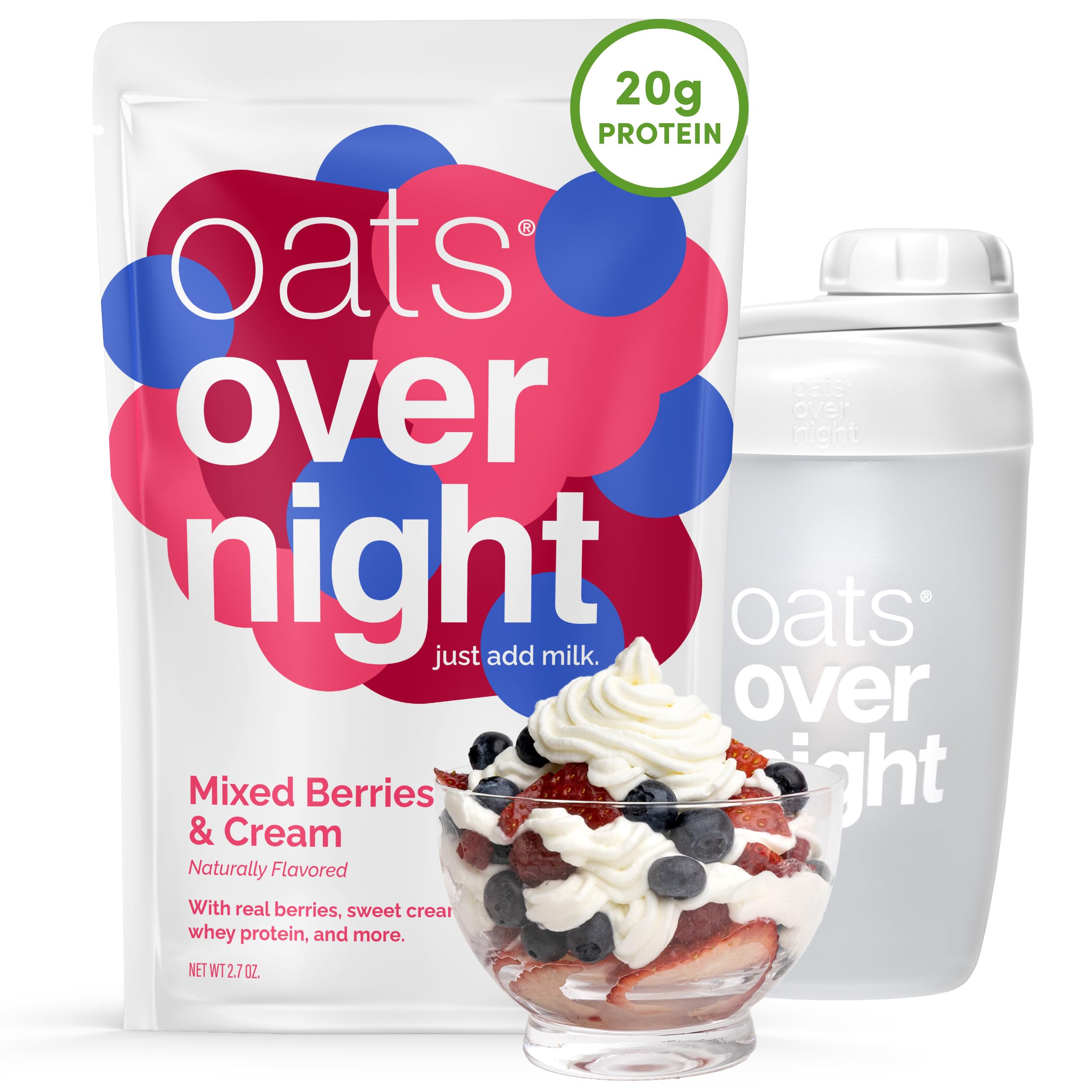 Oats Overnight Mixed Berries & Cream - Overnight Oats with 20g Protein, High Fiber Breakfast Protein Shake - Gluten Free Oatmeal, Non GMO High Protein Oatmeal (2.8 oz per meal)(8 Pack + Shaker Bottle)