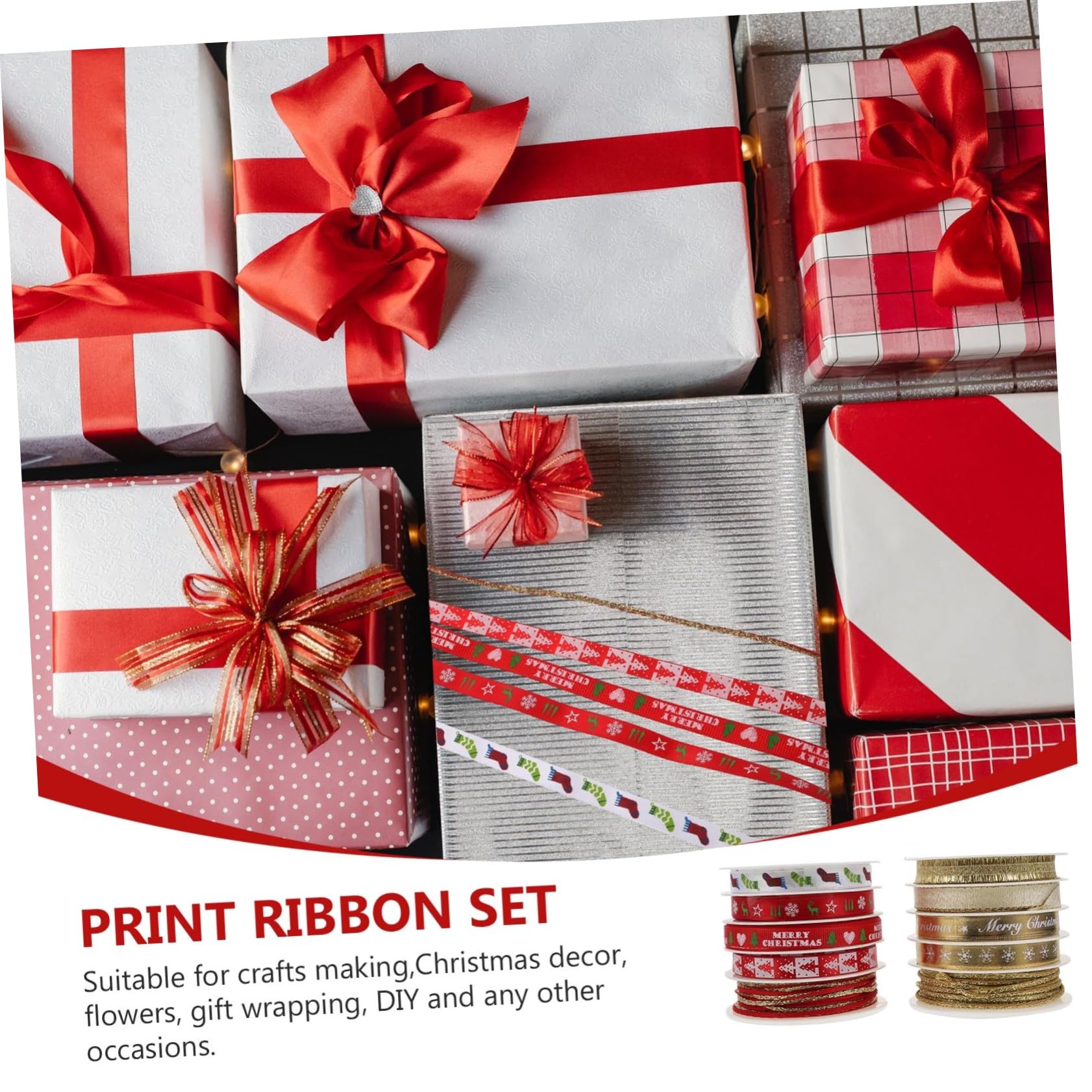 Angoily 10 Sätze Weihnachtliche Geschenkband Teilig Polyesterbänder in Rot und Gold für Geschenkverpackung DIY Bastelarbeiten Festliche Dekorationen und Partyaccessoires