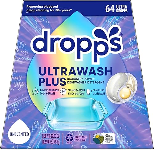 Miniatura 24 de Dropps Detergente para lavavajillas, aroma Fresh Rain, 64 cápsulas, limpia profundamente, empaque de bajo desperdicio, sin prelavado o enjuagado,