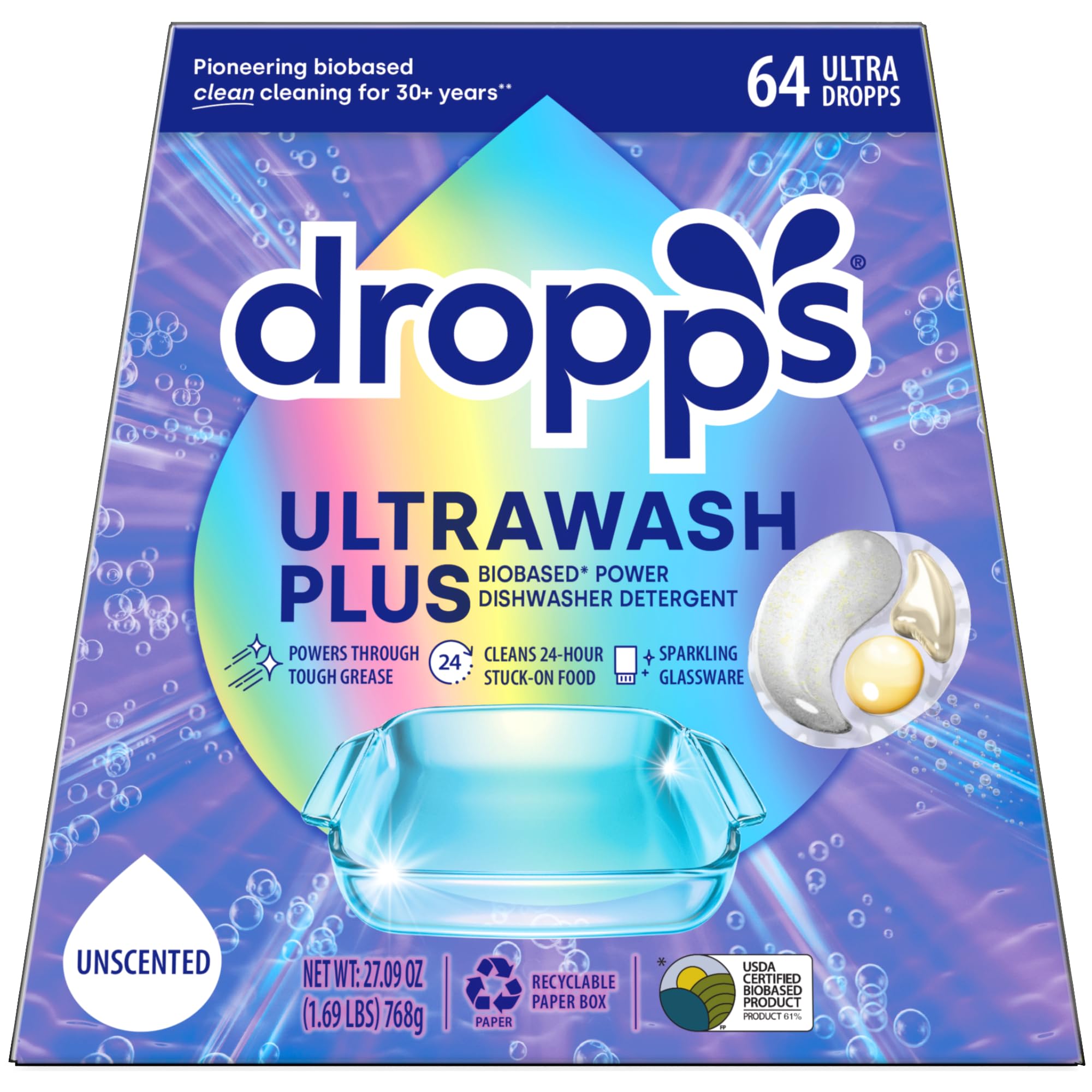 UltraWash Plus Dishwasher Detergent, Unscented (64 Pods) - Triple Action Biobased Power Deep Clean Dishwasher Detergent Tablets for Tough Stains - Dishwashing Pods for Shiny Dishes