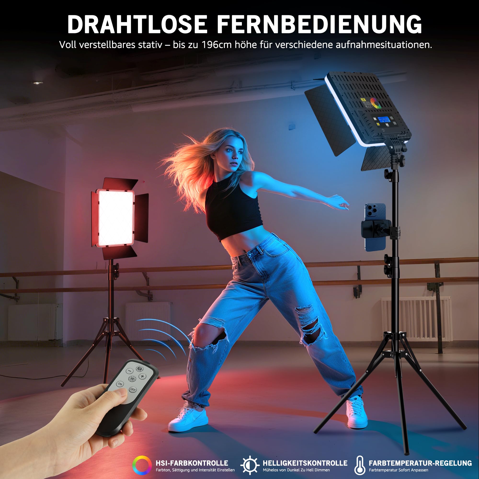 Niceveedi 15" RGB Videolicht, 2-Pack 40W LED Foto licht mit Fernbedienung und Handyhalterung, 2700K-6500K Studio Panel Licht mit RGB/CCT/HSI/Szenenmodus für YouTube/TikTok/Live-Streaming (1 Pack)