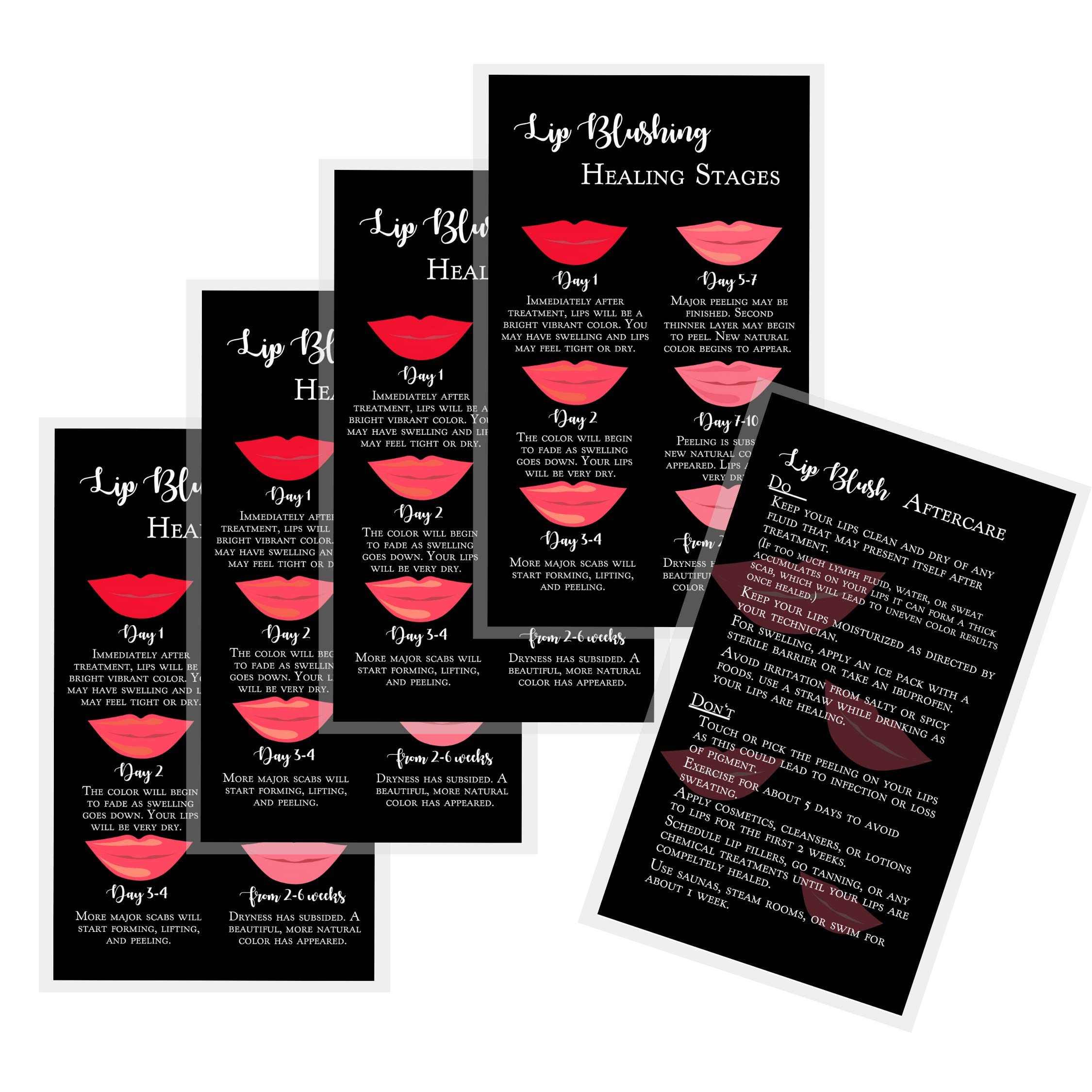 Tarjetas de instrucciones de curación y cuidado posterior del rubor de labios | Paquete de 50 | Tarjeta de visita de doble cara de 2 x 3.5 pulgadas | Negro con diseño de labios rojos