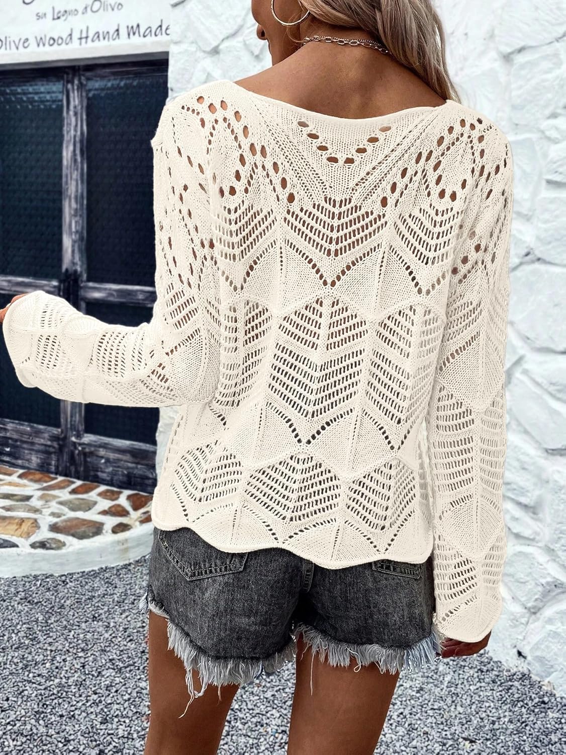 Allimy Womens Long Sleeve Hollow Out Crochet Crewneck Knitted Top Blouses Cover Up - Image 6