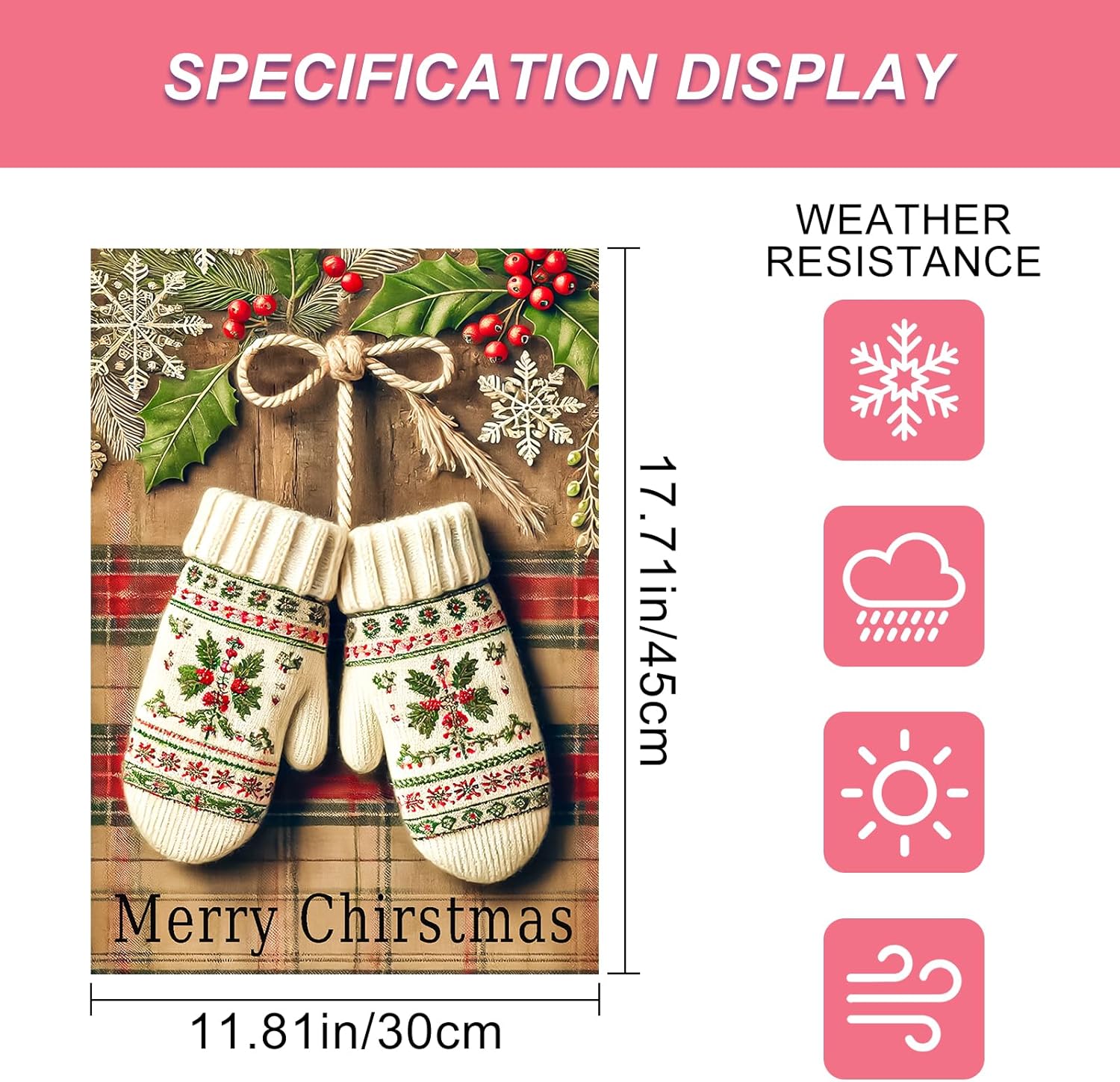 Christmas Garden Flag 12x18 Inch Welcome White Mittens Plaid Yard Flag Double Sided Holiday Outdoor Banner with Holly and Snowflakes for Winter Porch Lawn Patio - Image 3