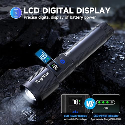 Miniatura 7 de Paquete de 4 linternas recargables de alto lúmenes, linterna LED recargable con pantalla digital LCD, 5 modos de luz de flash ajustable, linterna