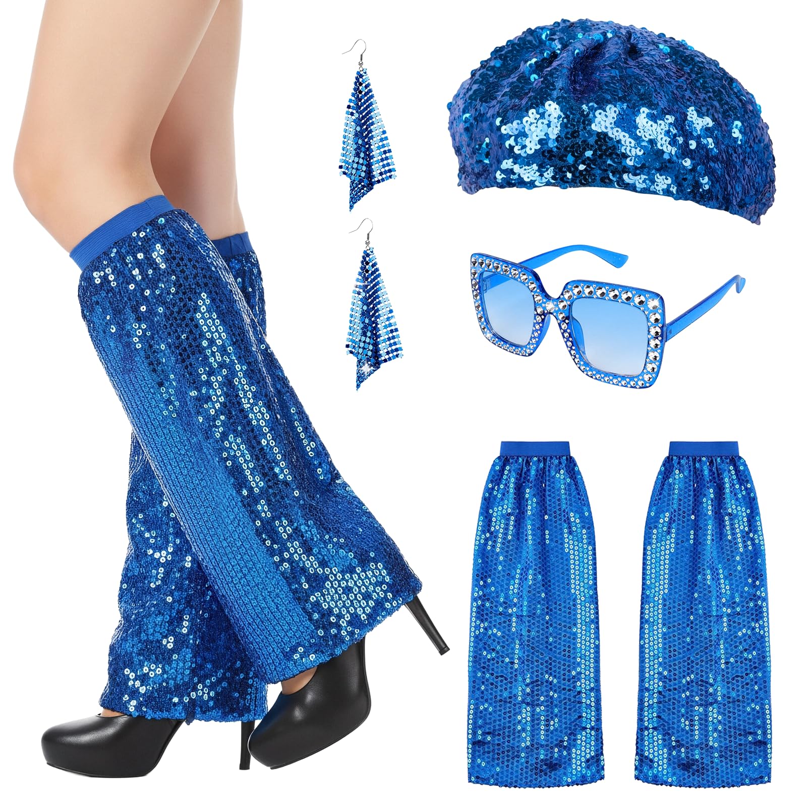 YAEGMIMHT 5Pcs 70s Accessories for Women Disco Fancy Dress Accessories, Sequins Beret Hat Leg Warmers Sunglasses Earrings