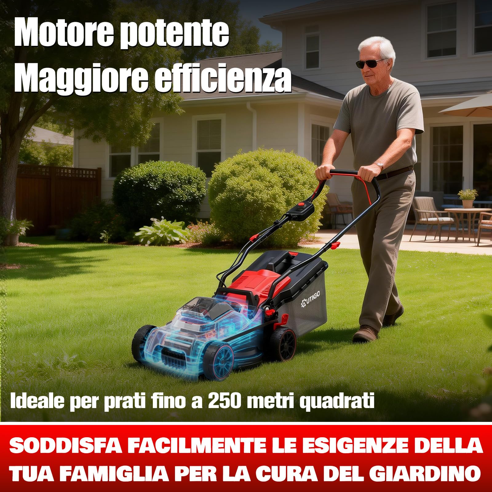 OUTIGO Tagliaerba a Batteria 21V, 5,0 Ah Inclusa, Larghezza di Taglio 33 cm, Autonomia 250 m², Cesto Raccoglierba 32 L, Altezza di Taglio Regolabile 25-65 mm