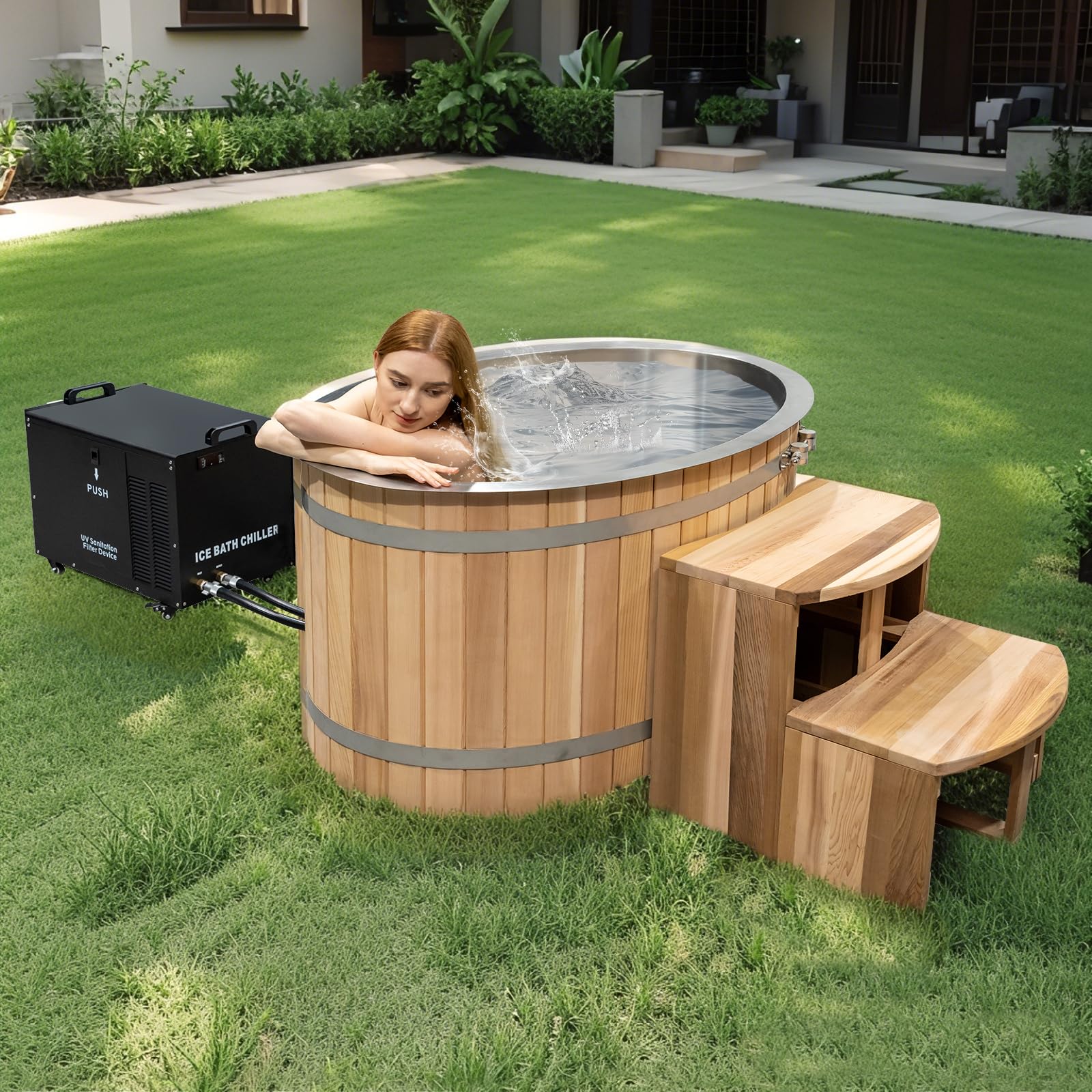 Cold Plunge Tub, 1HP Chiller ETL Certificate, 500L 2 Person,Cooling and Heating System, Canadian Red Cedar, Stainless Steel Base -App Control- Filter - Ozone/UV, Tub Lid (37-107℉)